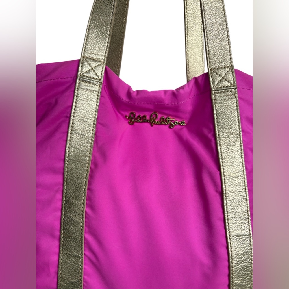 Lilly Pulitzer Hot Pink Large Tote Shoulder Bag Side Zippers Gold Straps Tassels - Picture 3 of 8